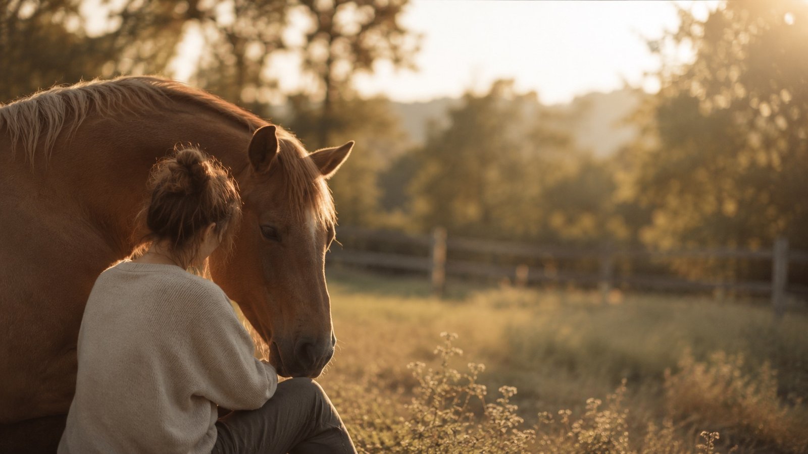 Moment de complicité entre une personne et un cheval au coucher du soleil - accueil inclusif aux Écuries du Triffoy à Marchin