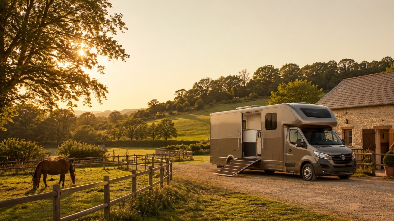 Camionnette à chevaux des Écuries du Triffoy devant la ferme au coucher du soleil