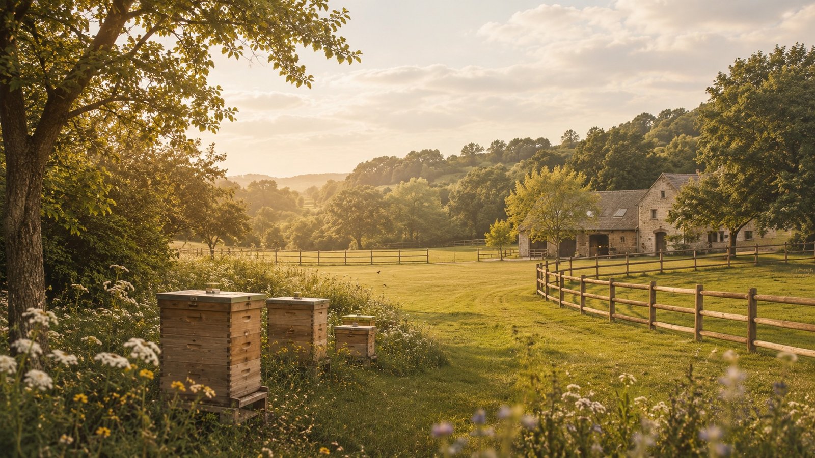 Ruches du miel Bee Happy au coucher du soleil, dans les prés fleuris des Écuries du Triffoy