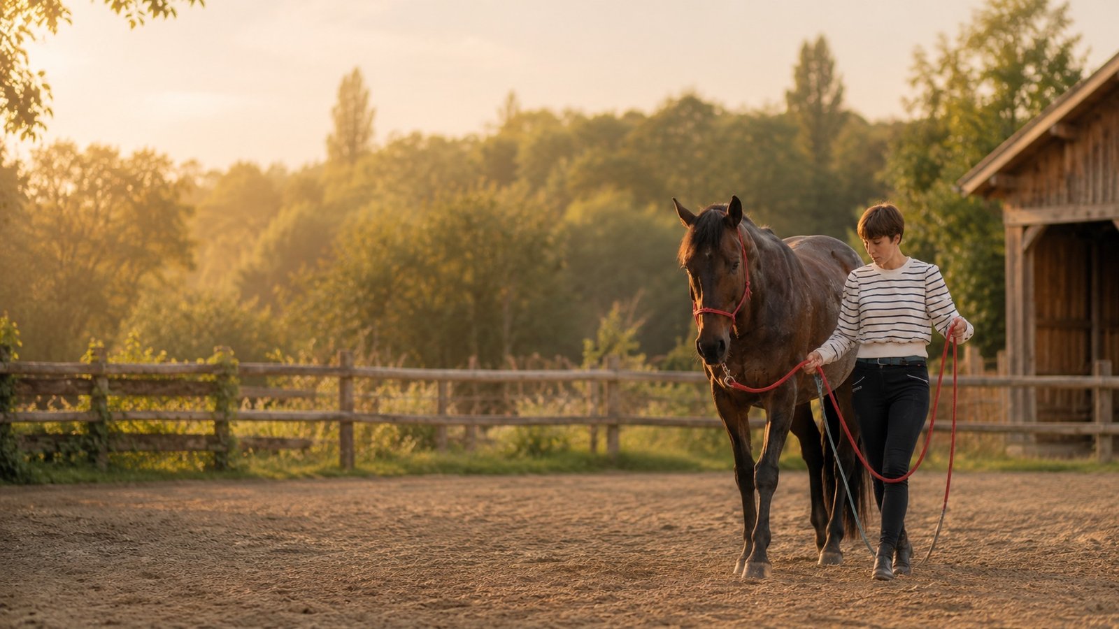 Travail à pied en longe avec un cheval au coucher du soleil - méthode Parelli aux Écuries du Triffoy à Marchin