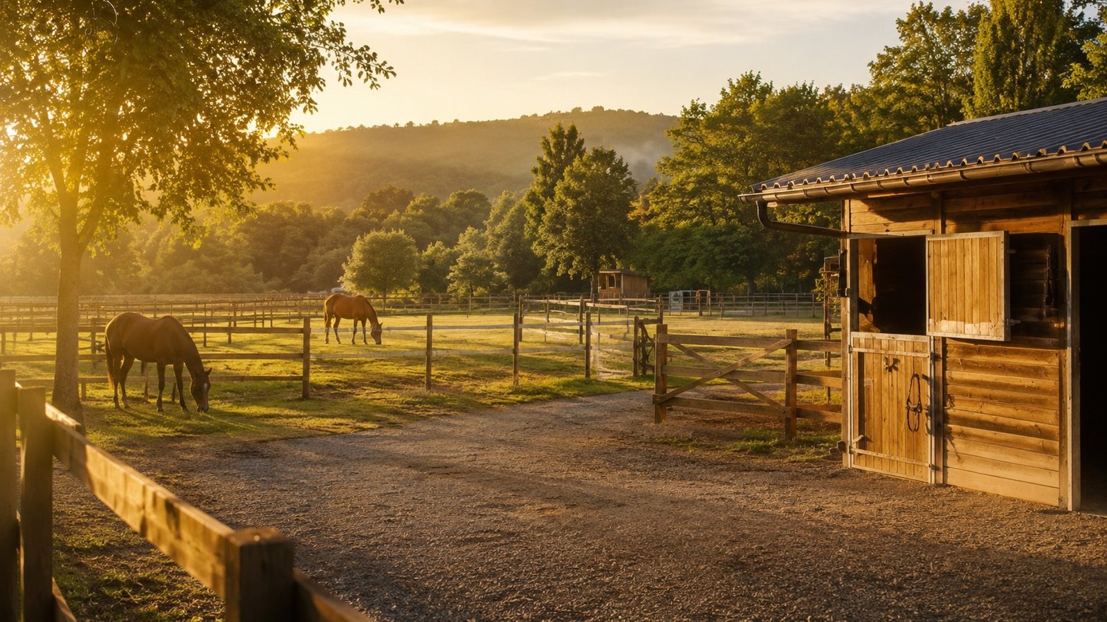 Chevaux au pré devant l'écurie des Écuries du Triffoy à Marchin, au coucher du soleil - pension et demi-pension