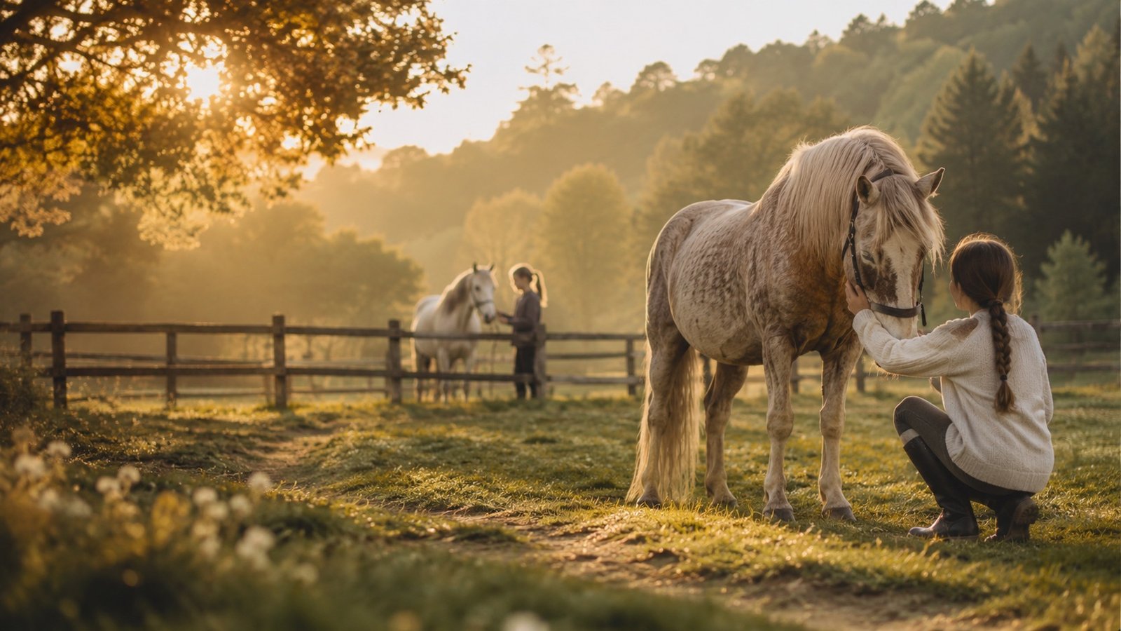 Enfants avec des poneys au pré au coucher du soleil - stage équestre 8-14 ans aux Écuries du Triffoy